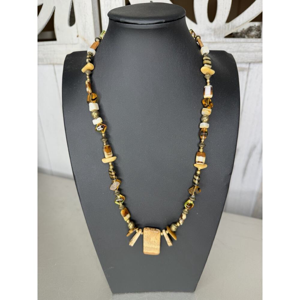 Gold-Tone Brown Stone Beaded Necklace Toggle Closure Mixed Media